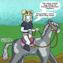 planttentacles diaper wearing_diaper horse riding_horse horse_riding saddle reins wendigo snow_creature horn blonde_hair maid maid_uniform maid_outfit 1girls solo female blurry_background artist_signature clean_diaper dialogue english_text