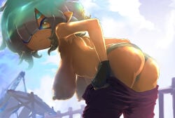 hideyoshi_(swliyhbpe9xqqze) 1girl 1girls background big_ass blue_hair clothing cloudy_sky day eyes_covered freckles freckles_on_ass freckles_on_face mechanic_(splatoon_raiders) nintendo pov red_eyes short_hair shortstack large_breasts splatoon splatoon_(series) splatoon_raiders sweaty_body video_games looking_at_viewer looking_back