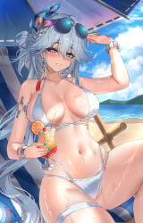 1girl absurdres ass beach beach_umbrella belly belly_button big_breasts bikini blue_nails bra bracelet breasts chair cocktail commentary_request deck_chair earrings eyewear_on_head female female_focus female_only female_torso folding_chair food fruit hair_ornament highres hips hips_wider_than_shoulders honkai:_star_rail honkai_(series) inner_sideboob jewelry large_breasts long_hair looking_at_viewer midriff mommy multicolored_eyes navel ocean on_chair orange_(fruit) orange_slice outdoors outside panties peacock_feathers_hair_ornament relaxing sideboob smile solo sunglasses swimsuit theory_(oortcloud1111) thick_ass thick_thighs thigh_strap thighs tropical_drink umbrella very_long_hair wet white_bikini white_hair yao_guang_(honkai:_star_rail)
