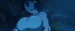 1boy 1girls aged_up avatar_the_last_airbender bare_shoulders big_breasts blind breasts breasts_bigger_than_head busty clevage female grey_eyes huge_breasts large_breasts massive_breasts muscular screencap screenshot screenshot_edit the_legend_of_aang toph_bei_fong