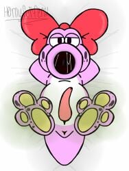 bed bedding bedding_background birdo birdo_(character) butthole feet feet_up green_aura h0rnyforferal ibispaintx looking_at_viewer male nintendo non-human non-human_only on_back pink_penis pink_skin saliva signature signature_artist_name simple_background simple_coloring simple_drawing simple_shading stinky_feet tapering_penis toony