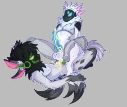 anthro bat_bad blush bodily_fluids cowgirl_position cum cum_from_penis cum_inside duo enjoying factical from_front_position genital_fluids genitals knot knotted_penis machine male male/male on_bottom on_top penis protogen riding sex zimwawa