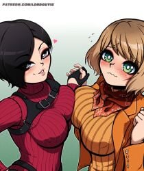 2girls ada_wong ada_wong_(adriana) ashley_graham ashley_graham_(ella_freya) asian asian_female asymmetrical_docking big_breasts black_hair bob_cut breast_focus breast_to_breast breasts capcom female female_only green_eyes handholding holding_hands large_breasts light_skinned_female looking_at_viewer lordguyis patreon patreon_url resident_evil resident_evil_4 resident_evil_4_remake sweater turtleneck_sweater video_game video_game_character