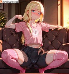 1boy acidai ai_generated angry blonde_hair blue_eyes blush bulge bulge_through_clothing cute dog_pose erection femboy feminization fighting_pose flat_breast flat_breasts gay genderswap_(mtf) indoors jogging_pants long_hair low_ponytail male penis petite ponytail pov puppy readhead shorts shy socks solo solo_focus spread_legs squatting straight sweat sweatdrop thick_ass thick_thighs thighhighs thighs tongue tongue_out track_pants twitching uncensored yaoi