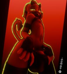clothed clothing curvy_figure demon femboy gloves glowing glowing_eyes handwear hellaverse helluva_boss hi_res humanoid imp king_crook leather leather_clothing leather_thong leather_underwear leggings legwear looking_at_viewer looking_down looking_down_at_viewer male moxxie_(helluva_boss) nipples partially_clothed red_body red_skin simple_background solo standing tail teasing teasing_viewer thigh_highs thong tongue tongue_out underwear underwear_down yellow_eyes