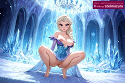ai_generated ai_assisted stelmazura elsa elsa_(frozen) frozen_(film) disney_princess frozen_2 frozen disney princess 1girl solo long_hair breasts looking_at_viewer blush blue_eyes blonde_hair large_breasts dress bare_shoulders closed_mouth nipples full_body braid barefoot pussy indoors spread_legs lips bare_legs single_braid uncensored covered_navel makeup no_panties blue_dress squatting breasts_out breasts_apart hair_over_shoulder ice crystal snowflakes