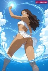 ai_generated ai_assisted stelmazura katara nicktoons nickelodeon avatar_the_last_airbender 1girl solo long_hair breasts looking_at_viewer blue_eyes brown_hair medium_breasts swimsuit ass bikini outdoors sky day looking_back cloud dark_skin water from_behind dark-skinned_female blue_sky wet strapless underboob cameltoe white_bikini from_below wading sun sarong