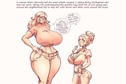 2girls amazon bare_midriff becky_northgard big_breasts breasts cleavage dialogue dialogue_bubble duo fake_breasts female female_only gilf huge_breasts implants large_ass lips n647 nipple_bulge original original_character plastic_surgery size_difference text thick_thighs wide_hips