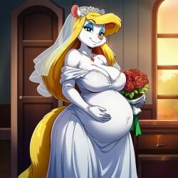 ai_generated animaniacs anthro anthro_female blonde_hair blue_mascara bride female furry lazybonesai looking_at_viewer minerva_mink mink painted_nails pregnant pregnant_anthro pregnant_belly pregnant_female warner_brothers wedding_dress wedding_veil white_fur