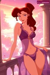 ai_generated ai_assisted stelmazura disney megara disney_princess megara_(disney) 1girl solo long_hair breasts looking_at_viewer smile brown_hair black_hair navel cleavage medium_breasts underwear purple_eyes panties ponytail sky cloud see-through petals makeup cameltoe thigh_gap lingerie lipstick railing purple_panties babydoll