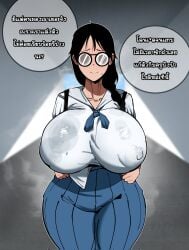 kesorn_(shinhyunxi) shinhyunxi 1girls female female_only school_uniform ponytail glasses nerdy_female nerd voluptuous voluptuous_female curvy curvy_figure busty venus_body nipples_visible_through_clothing breasts big_breasts huge_breasts gigantic_breasts giant_breasts massive_breasts large_breasts enormous_breasts hyper_breasts thick_thighs thunder_thighs plump_thighs thighs