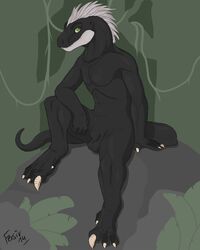 2014 anthro balls black_scales claws digitigrade dinosaur fersir green_eyes hair looking_at_viewer male male_only nude pose presenting raptor scalie sheath simple_background sitting solo spread_legs spreading talons white_hair