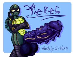 4:3 anatoly_genghis_khan anthro balls big_balls big_penis black_balls colored digital_drawing_(artwork) digital_media_(artwork) genitals green_body huge_balls huge_penis hyper hyper_balls hyper_genitalia hyper_penis keres_(lucen) male mask penis reptile scalie shaded shell simple_background solo standing teenage_mutant_ninja_turtles turtle turtle_shell unusual_anatomy unusual_genitalia yellow_eyes