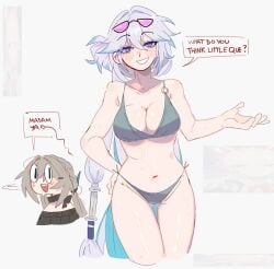 2girls :d bare_shoulders bikini blue_eyes breasts cleavage commentary cropped_legs english_commentary evanescia_(honkai:_star_rail) eyewear_on_head grey_background grey_bikini grey_hair grin highres honkai:_star_rail honkai_(series) long_hair looking_at_viewer multiple_girls navel open_mouth qingque_(honkai:_star_rail) simple_background smile speech_bubble stomach sunglasses swimsuit thighs unfamousradish very_long_hair yao_guang_(honkai:_star_rail) female female_only female_focus big_breasts huge_breasts hips hips_wider_than_shoulders absurdres blush blushing looking_at_another looking_at_ass yuri sweat sweating relatable sideboob inner_sideboob hand_on_hip imminent_sex blue_hair_tips
