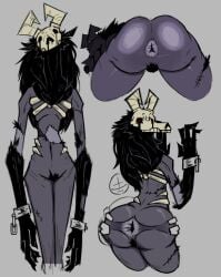 ambiguous_gender american_mythology anthro big_butt black_body black_fur black_pubes black_sclera bone butt cuff_(restraint) front_view fur grey_anus grey_background grey_body grey_fur hunksrighty indigenous_north_american_mythology looking_at_viewer looking_back looking_back_at_viewer mythology north_american_mythology nude pubes rear_view red_eyes restraints shackles simple_background skull skull_head solo spread_butt spreading thick_thighs wachuga wendigo wide_hips