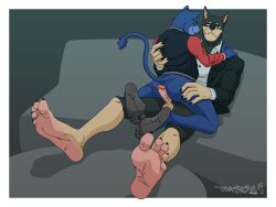 5_fingers 5_toes anthro barefoot black_body black_bottomwear black_claws black_clothing black_feet black_fur black_jacket black_nose black_pants black_topwear blue_body blue_clothing blue_fur border bottomless bottomless_anthro bottomless_male bottomwear brown_body brown_eyes brown_fur butt canid canine canis claws clothed clothed_anthro clothed_male clothed_sex clothing collared_shirt countershade_feet countershading dobermann domestic_cat domestic_dog duo ear_piercing erection eyes_closed feet felid feline felis finger_claws fingers foot_fetish foot_focus formal_wear fur furniture genitals glans hand_on_back hi_res hot_dogging hug humanoid_feet humanoid_genitalia humanoid_penis jacket male male/male male_anthro male_on_top mammal multicolored_body multicolored_fur on_lap on_sofa on_top pants partially_clothed patoso penile penis piercing pinscher plantigrade pubes red_clothing red_topwear sex shirt signature simple_background sitting sitting_on_sofa smile sofa soles tail tan_body tan_fur tan_genitals toe_claws toes topwear tuft two_tone_body two_tone_fur white_border white_clothing white_shirt white_topwear