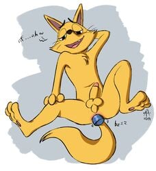 2014 anal anal_sex anthro anus ass balls canine erection fox fur kaiketsu_zorori male male_only mammal nude open_mouth penetration penis plain_background presenting sex_toy smile solo therabbitd vibrator zorori