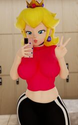 princess_peach mario_(series) nintendo 1girls female female_only solo 3d 3d_(artwork) tlittleginny crown blonde_hair long_hair blue_eyes light_skin light-skinned_female lips lipstick pink_lipstick half-closed_eyes v earrings breasts holding_phone blue_nails blue_nail_polish nail_polish indoors midriff thighs thick_thighs thick thick_hips wide_hips curvy crop_top yoga_pants nipple_bulge collar clothing clothed