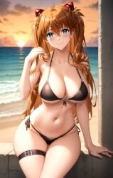 1girl ai-created ai_generated alternative_bust_size alternative_costume asuka_langley asuka_langley_sohryu bare_arms bare_shoulders beach bikini bikini_bottom bikini_top black_bikini black_swimsuit blue_eyes blush breasts brown_hair busty clavicle cleavage closed_mouth clothing female front-tie_bikini_top front-tie_top get_a_job hair_between_eyes hair_ornament hairpods halterneck hand_up headgear headwear high_resolution interface_headset large_breasts long_hair looking_at_viewer mole mole_on_breast navel neon_genesis_evangelion ocean orange_hair outdoors pixiv portrait rena_aikawa_(pixiv_user) side-tie_bikini side-tie_bikini_bottom side-tie_clothing side-tie_swimsuit sideboob sitting skindentation sky smile solo stable_diffusion stomach string_bikini sunset swimsuit thigh_belt thigh_gap thigh_strap thighs two_side_up underboob water