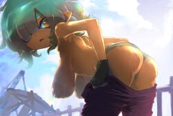 hideyoshi_(swliyhbpe9xqqze) 1girl 1girls background big_ass blue_hair clothing cloudy_sky day eyes_covered freckles freckles_on_ass freckles_on_face mechanic_(splatoon_raiders) nintendo pov red_eyes short_hair shortstack large_breasts splatoon splatoon_(series) splatoon_raiders sweaty_body video_games looking_at_viewer looking_back