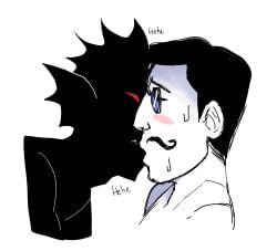 kissing kiss kiss_on_lips male/ambiguous sweat intense intense_pleasure pince-nez digital_media_(artwork) digital_drawing_(artwork) naked nude monster monster_on_male mr_shrink original original_character original_characters pale_skin neat_hair black_hair straight_hair psychiatrist professional sea_monster sweating_while_kissing 1boy 1ambiguous shadow shadow_creature red_eyes head_fin ear_fins leaning_in profile_view glasses spectacles enemies_with_benefits enemies enemies_kissing gay