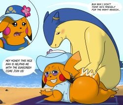 1girl 2boys anthro ass ass_focus ass_grab bakphoon beach big_ass blush bubble_ass bubble_butt colossalstars cuckquean fat_ass female game_freak gay generation_10_pokemon grabbing_ass hat kazepika-kun large_ass male/male male_focus mr._windychu ms._wavychu namipika-chan nintendo no_pants nosebleed pikachu pokemon pokemon_(species) pokemon_gsc pokemon_winds_and_waves pokemon_ww ring shirt shocked sunglasses sunscreen swimsuit typhlosion unaware yaoi