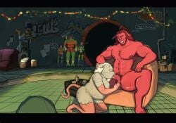 abs adopted_(lore) adopted_son_(lore) adoptive_father_(lore) anthro areola balls baron_draxum biceps blush bodily_fluids bottomwear bovid brother_(lore) brothers_(lore) caprine caught_in_the_act chair clenched_teeth clothing coki6sip dialogue digital_media_(artwork) donatello_(tmnt) embarrassed english_text erection feet fellatio fingers fur furniture genitals graffiti graffiti_on_wall green_body group hair hand_on_balls hand_on_mouth hi_res humanoid_genitalia humanoid_penis leonardo_(tmnt) male male/male male_penetrated male_penetrating male_penetrating_male mammal mask master_splinter murid murine muscular muscular_anthro muscular_male narrowed_eyes nipples nude open_mouth oral oral_penetration pecs penetration penile penis pubes raphael_(tmnt) rat reptile rise_of_the_teenage_mutant_ninja_turtles rodent saliva saliva_on_penis scalie sex shell shorts sibling_(lore) sitting slightly_chubby slightly_chubby_anthro slightly_chubby_male sofa speech_bubble spread_legs spreading teenage_mutant_ninja_turtles teeth text thought_bubble toes turtle