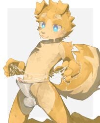 2026 5_fingers anthro arm_tuft balls blep blue_eyes blush bodily_fluids body_blush canid canine canis chest_tuft claws clothing countershading crowl_(regcron) cum cum_string domestic_dog elbow_tuft erection excessive_genital_fluids excessive_precum eyebrows facial_tuft finger_claws fingers floppy_ears fluffy fluffy_tail foreskin fur genital_fluids genitals glistening glistening_body glistening_genitalia glistening_penis grey_background grey_nose hat headgear headwear hi_res humanoid_genitalia humanoid_penis kneeling looking_down male mammal mostly_nude outline penis penis_blush precum regcron shoulder_tuft simple_background solo sweat sweatdrop tail tam_o'_shanter tan_body tan_eyebrows tan_fur tongue tongue_out tuft underwear white_background white_outline yellow_body yellow_fur