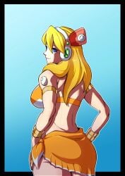 mega_man mega_man_x mega_man_x_dive 1girls alia blonde_hair blue_eyes big_ass big_breasts orange_swimsuit swimsuit_alia_(x_dive) bikini orange_bikini robot_girl lautricius viewed_from_behind