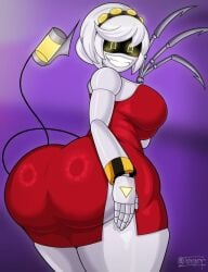 ass delete delete_this female female_only glossy grinning_at_viewer hand_on_ass juicy_ass looking_at_viewer murder_drones ramen_mare red_dress repost shiny smiling tagme thick_ass thick_thighs v_(murder_drones)
