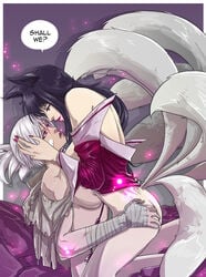 2girls ahri animal_ears ass bandage bandaged_arm black_hair breasts detached_sleeves eye_contact facial_mark female folded_ponytail fox_ears fox_tail glowing glowing_eyes hand_on_ass kneeling league_of_legends lipstick multi_tail multiple_girls multiple_tails nail_polish nipples parted_lips pink_eyes red_nails riven short_hair silver_hair tail uger whisker_markings yellow_eyes yuri