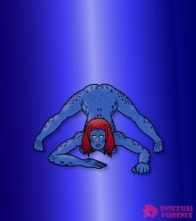 ass_in_air back barefoot bisexualphoenix blue blue_skin boob_squish boobs breasts butt color_wheel_challenge comic_book_character grinning hips jack-o_pose legs_spread lipstick looking_at_viewer marvel mutant mystique nude red_hair scales shapeshifter x-men yellow_eyes