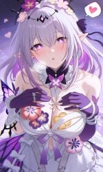 1girls big breasts blush cleavage curvy female dark alley forehead half-closed eyes heart speech bubble leaning forward milf night split bangs castorice_(honkai:_star_rail) honkai:_star_rail ai_generated
