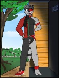 anthro belt belt_collar blindfold blue_sky bodily_fluids bottomwear chastity_cage chastity_device clothing cloud drooling footwear fuze genitals hand_on_hip hands_behind_back hi_res looking_at_viewer male male_only mammal navel nipples outside pants penis plant procyonid raccoon redhoodraccoon saliva scarf shackled_ankles shaded shadow shoes sky skyscape solo split_screen standing tongue tongue_out tree wall_(structure) wood wood_wall zipper_hoodie