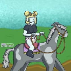 1girls artist_signature blonde_hair blurry_background diaper female horn horse horse_riding maid maid_outfit maid_uniform planttentacles reins riding_horse saddle snow_creature solo wearing_diaper wendigo wet_diaper