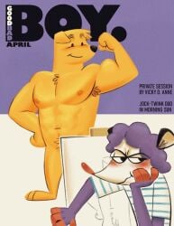 3_toes american_opossum animated anthro armpit_hair armpit_tuft balls barefoot big_muscles bird_dog black_ears black_eyes black_nose blinking blush body_hair canid canine canis chest_hair chest_tuft clothing cover curly_hair domestic_dog drawing drawing_in_a_drawing duo easel embarrassed eyebrows eyes_closed feet felid feline flexing flexing_bicep floppy_ears flustered foreskin fur genitals golden_retriever hair hairless_hands hand_on_hip hank_(vickydanne) head_on_hand head_tuft hi_res humanoid hunting_dog jim_(vickydanne) looking_at_another looking_away magazine magazine_cover male male/male mammal marsupial muscular muscular_male navel nipples nude obscured_genitals pattern_clothing penis pink_hands pink_nose pubes purple_body purple_fur retriever shirt simple_background smile smiling_at_another smiling_at_partner striped_clothing stripes t-shirt text thick_eyebrows title toes toony topwear tuft vickydanne white_body white_face white_fur yellow_body yellow_fur
