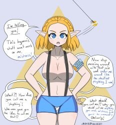 absurdres angry arm_bands blonde_hair breasts cleavage clothed_exposure coin collarbone denial dialogue elf elf_ears eyelashes female_only female_pov femdom femsub hand_on_hip large_breasts large_hips mind_control nail_polish navel nintendo open_mouth pendulum pov_dom princess_zelda short_hair short_shorts shorts signature simple_background sobergin solo speech_bubble spiral_eyes suspenders tears_of_the_kingdom text the_legend_of_zelda thick_thighs thigh_gap unaware unhappy_trance zelda_(tears_of_the_kingdom)