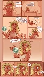 page_1 morbiosussy brawlhalla fait_(brawlhalla) orb cat pet green_hair teal_eyes blue_eyes brown_skin comic comic_page realisation dark-skinned_female 1girls 1girl large_breasts sleepy tired glasses