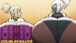 2026 2d 2d_(artwork) 2d_animation 2d_artwork angry animated animated_gif ass ass_focus butt butt_focus doubleksauce duo duo_female duo_focus flare_pants forbidden_pants fuku_(humble_shark) huge_ass huge_butt jennifer_phixina looking_at_viewer loop panties shaking_ass shaking_butt smile someone_else's_oc twerk twerking