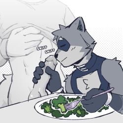 anthro black_body black_collar black_fur black_nose broccoli clothed clothing collar dotted_background duo facial_markings food fur genitals gloves_(marking) grey_body grey_fur grey_inner_ear_fluff head_markings hi_res holding_fork humanoid_hands inner_ear_fluff male male/male mammal markings mask_(marking) muscular muscular_anthro muscular_male onomatopoeia pattern_background penis penis_sniffing plant plate procyonid raccoon raised_clothing raised_shirt raised_topwear shirt simple_background sniffing sound_effects tapiocathief text topwear tuft vegetable wearing_collar white_background