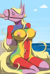 1girls adventure_time anthro anthrofied arms_behind_back arms_tied beach blonde_hair blue_eyes blush bondage bound breast_bondage breasts cum cum_in_mouth cum_inside equine fellatio female forced forced_oral gag hair horn horse lady_rainicorn large_breasts mammal mistressadaira nipples nude open_mouth_gag oral oral_sex parent public public_nudity ring_gag seaside uncensored unicorn