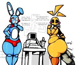 anal_vore animatronic avian beakless big_butt bird blonde_hair blue_body blush blush_stickers bulge butt chicken english_text female femboy five_nights_at_freddy's five_nights_at_freddy's_2 galliform group hair head_on_butt human lagomorph leporid long_ears machine male male/female mammal nanodude78 phasianid rabbit red_cheeks robot rosy_cheeks scottgames security security_guard text toy_bonnie_(fnaf) toy_chica_(fnaf) trio yellow_body