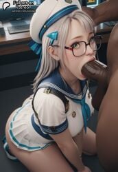 1girls 1boy interracial interracial_sex light_skin light-skinned_female green_eyes silver_hair white_hair eyelashes eyeshadow hat ribbon hair_ribbon long_hair beret glasses sailor_uniform uniform big_ass ass huge_ass butt big_butt huge_butt skirt miniskirt medium_breasts heels on_knees shocked shocked_expression shocked_eyes caught_in_the_act caught office female female_focus clothed clothed_female_nude_male clothed_female dark-skinned_male nude_male naked_male penis big_penis huge_penis cock big_cock huge_cock dick veiny_penis balls testicles fat_cock fat_male blowjob fellatio oral oral_sex oral_penetration neon_(nikke) goddess_of_victory:_nikke 3d sodaglow_artist ai_generated sex sex_at_work office_sex