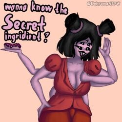 dehromansfw undertale undertale_(series) muffet arachnid arthropod spider hi_res 5_eyes 6_hands anthro black_eyes black_hair black_lips bottomwear breasts clothing dessert doughnut female food hair jacket lips multi_eye multi_hand pants pastry purple_body purple_skin red_bottomwear red_clothing red_jacket red_pants red_topwear sharp_teeth solo teeth text topwear