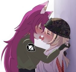 blonde_hair cat_ears catgirl helmet military_uniform nationality pink_hair slave tactical_gear teasing uniform white_shirt yuri