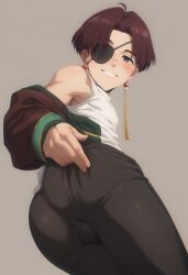 1boy ai_generated ass bare_shoulders big_butt black_jacket black_pants blush brown_hair bulge earrings eyepatch fully_clothed gay half-closed_eyes hand_on_ass hand_on_butt hand_on_own_ass hand_on_own_butt hayato_suo inviting inviting_to_sex jacket jacket_open japanese_clothes jewelry legs_together looking_at_viewer male male_focus male_only off_shoulder open_clothes open_jacket presenting presenting_ass red_earrings red_eyes red_jewel short_hair skin_tight_pants smile solo suo_hayato sweat tassel tassel_earrings teeth white_shirt wind_breaker windbreaker yaoi yellow_tassel