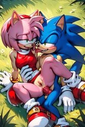 ai_generated amy_rose anal anal_sex anus balls blush canine_penis clothed_sex clothing dress furry gloves knotted_penis meadow penis pussy shoes small_breasts sonic_(series) sonic_the_hedgehog tagme tongue_out