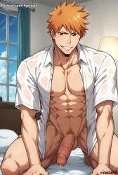 1boy abs ai_generated balls bara biceps big_balls big_penis bleach erection gay ichigo_kurosaki kyorzart male male_nipples male_only muscular_male nipples orange_hair pecs penis precum precum_drip solo solo_male