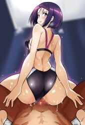 1boy absurdres aiuti ass black_one-piece_swimsuit breasts censored clothed_sex competition_swimsuit cowgirl_position cowgirl_position female from_behind hair_ornament highres looking_at_viewer looking_back mosaic_censoring multicolored_clothes multicolored_swimsuit one-piece_swimsuit penis purple_eyes purple_hair sairenji_haruna sex shiny_skin short_hair small_breasts solo_focus spread_legs straddling straight swimsuit to_love-ru two-tone_swimsuit vaginal_penetration wet