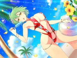 armpits ass_visible_through_thighs bare_belly bare_legs bare_thighs barefoot beach belly_button big_breasts blush body_blush bracelet breasts cleavage feet green_hair hikage_(senran_kagura) hip_tattoo innertube marvelous nail_polish official_art one-piece_swimsuit popsicle red_swimsuit senran_kagura senran_kagura_new_link shiny short_hair sideboob slingshot_swimsuit swimsuit tattoo thick_thighs thighs tongue tongue_out underboob wet_body yaegashi_nan yellow_eyes